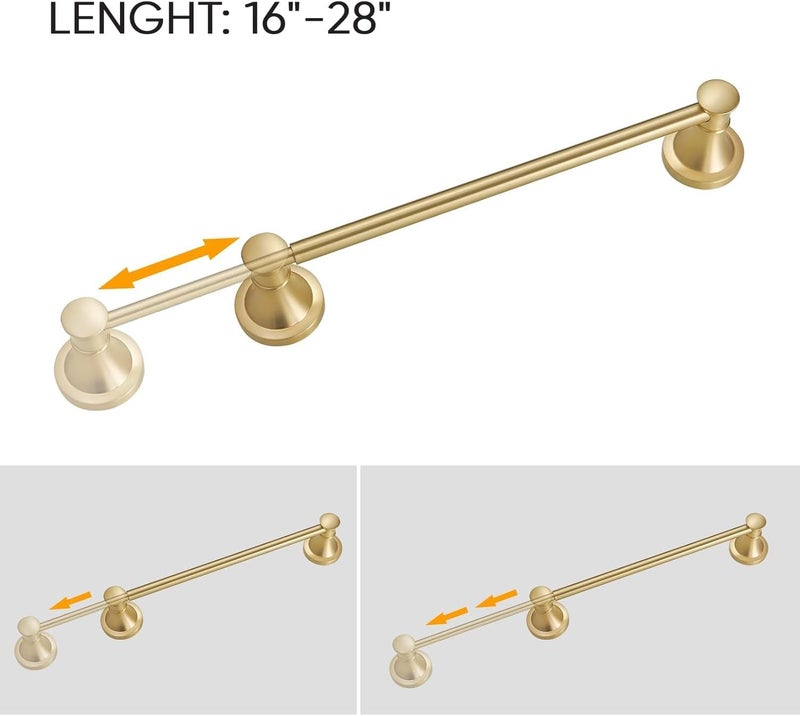 BESy Adjustable 16 to 26 Inch Bath Towel Bar Rack for Bathroom Towel Holder, Wall Mounted Towel Bar Rod Hanger Bathroom Hardware Accessories Hotel Style, Stainless Steel, Brushed Gold - Image 2